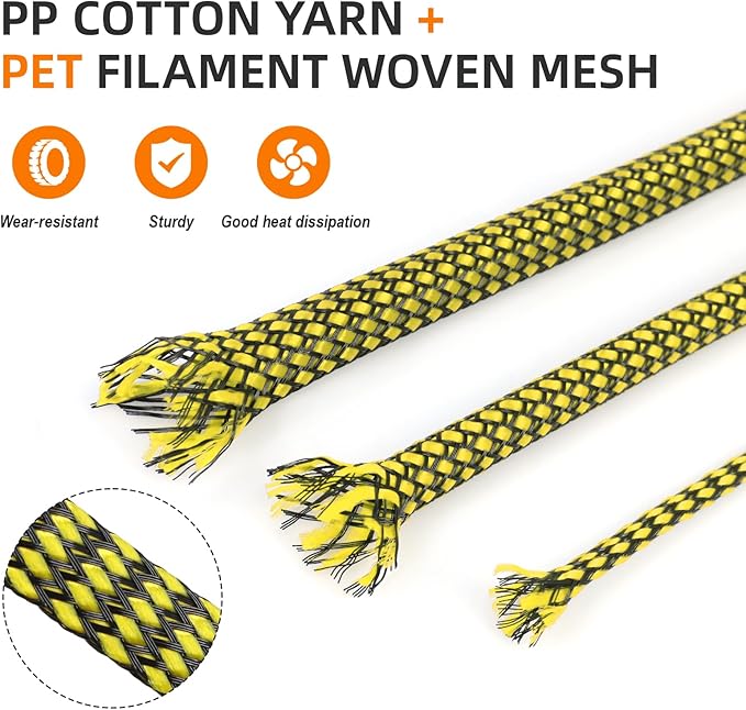 Braided Expandable Cable Sleeve, 25ft PP Cotton and PET Braided Cable Management, Flexible Mesh Wire Loom and Cable Protector for TV, Computer, Home Theater, Automotive (Yellow, 5/16")
