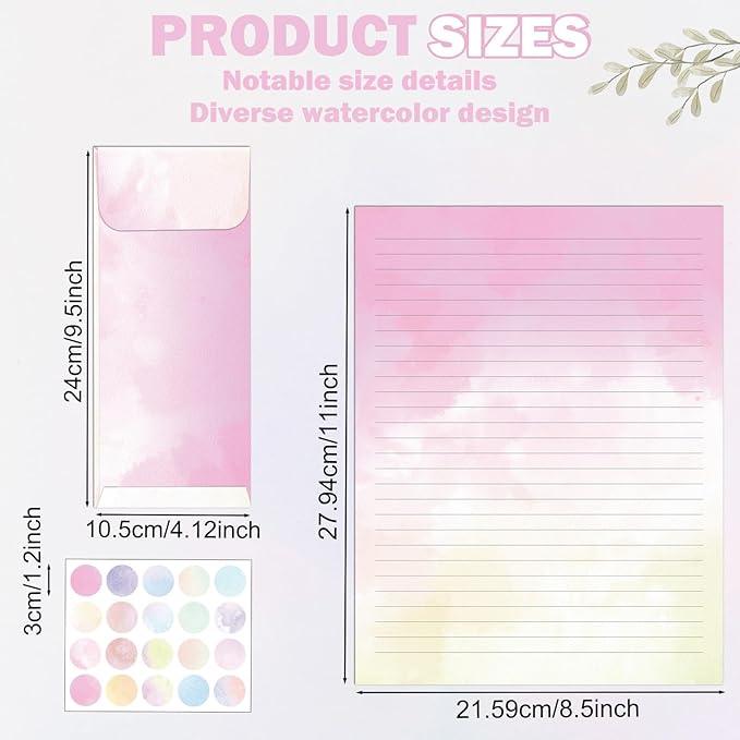 EggSun 250Pcs Watercolor Stationery Paper and Envelope Set with 100 Letterhead Papers and 50 Envelopes, 10 Design for Letter Writing Invitations Computer Holidays Party Notes, 8.5x11 Inch-Lined