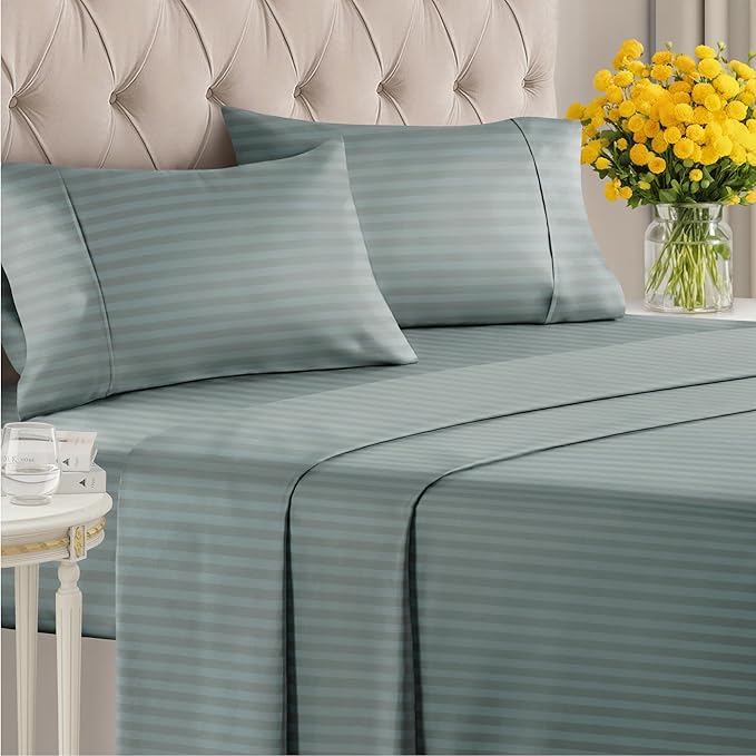 Striped Sheets - Green Striped Sheets - 1 Flat & 1 Fitted & 2 Pillowcases w/ Deep Pockets – Comfy, Wrinkle & Fade Free - Ultra-Soft, Breathable & Cooling – Luxury Pinstripe Bedding - Full Size Bed Set