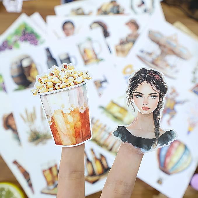 Snycler Sticker Book - 20 Sheets Vintage PET Stickers for Scrapbooking, Junk Journaling, Ephemera, and Decorative Crafts-Bubbly Feast