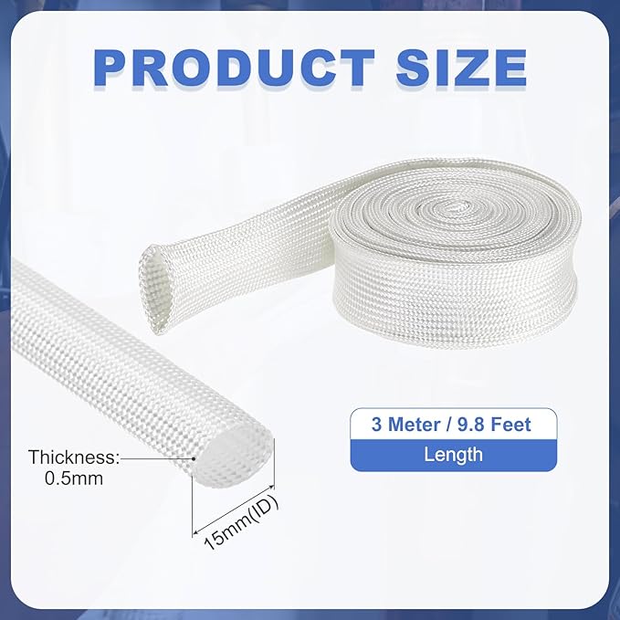 uxcell Insulation Cable Protector,15mm/0.59 Inch-3m/10 Feet High Temp Fiberglass Sleeve White