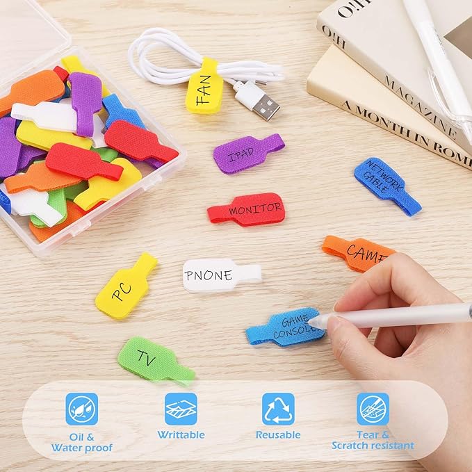 40 Pcs Cable Cord Labels, Hianjoo Self Adhesive Cable Tags Colorful Wire Identification Label Reusable Write-on Name Tags for Organizing Wires 8 Colors Multiple Uses