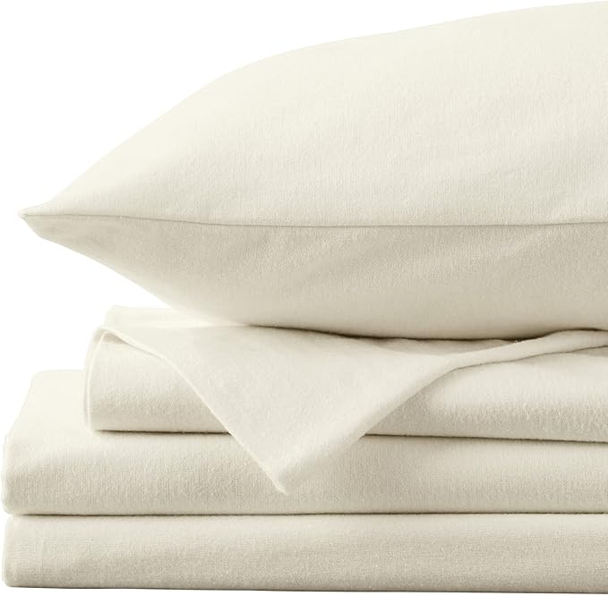 Market & Place 100% Turkish Cotton Flannel Sheet Set | 4 Piece Deep Pocket Solid Cozy Winter Bed Sheets | Double Brushed for Extra Softness & Comfort | Chalet Collection (Queen, Ivory)