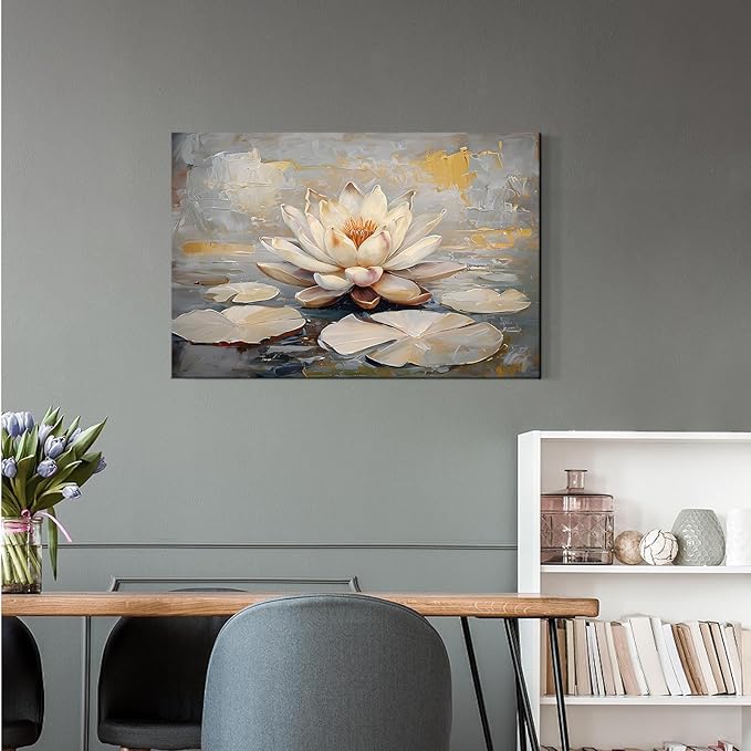 Ethereal white lotus floating on Crystal Waters poster vintage oil painting printwall art soft blush and gold accents serene home and office decor dreamy 8x12in Wood Framed