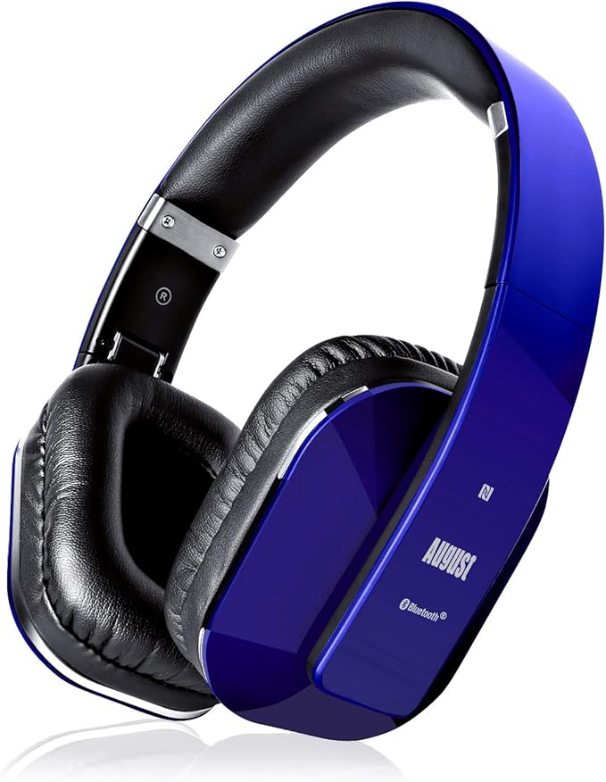 August EP650 Bluetooth Wireless Over-Ear Headphones with aptX Low Latency, NFC, Multipoint Pairing, Wired Option, Built-in Microphone - Blue