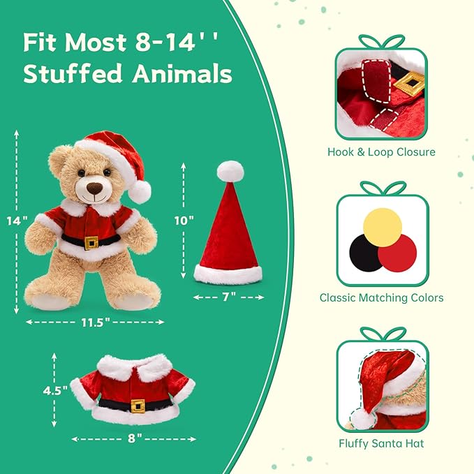 MaoGoLan 10 Pack Christmas Teddy Bears Stuffed Animal 14'' Plush Bear with Classic Santa Outfits - Removable Shirt & Hat Fit Most Small Plush Toys Christmas Decorations Gifts