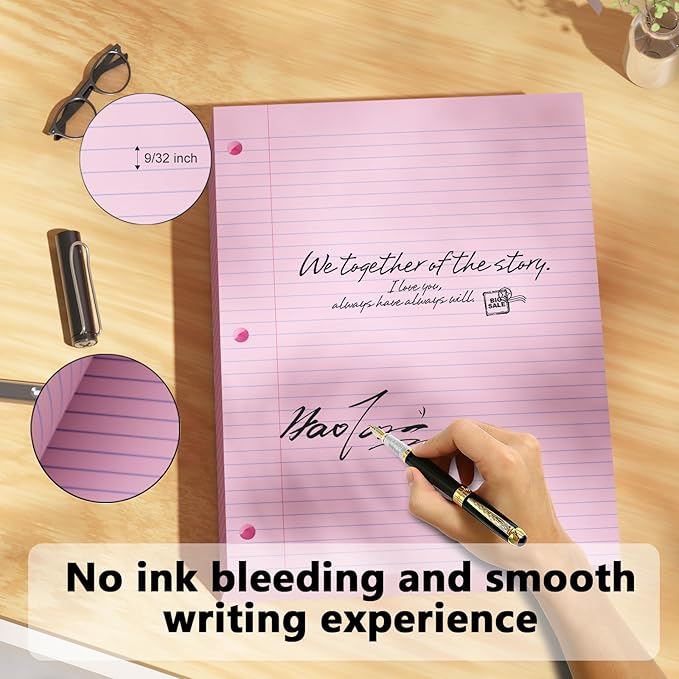 Pink Loose Leaf Paper 100 Sheets Colored Filler Paper 8 * 10.5 College Ruled 3-Hole Punched Paper for 3-Ring Binders Notebook Lined 8" x 10.5"