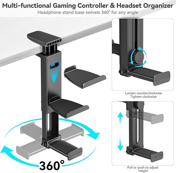 Controller Holder & Headphone Stand Under Desk with Adjustable Clamp, Controller Stand & Headset hanger for Desk Mount with 360° Rotating Hook & Cable Organizer 3-in-1 Game Organizer, PC Game Headsets
