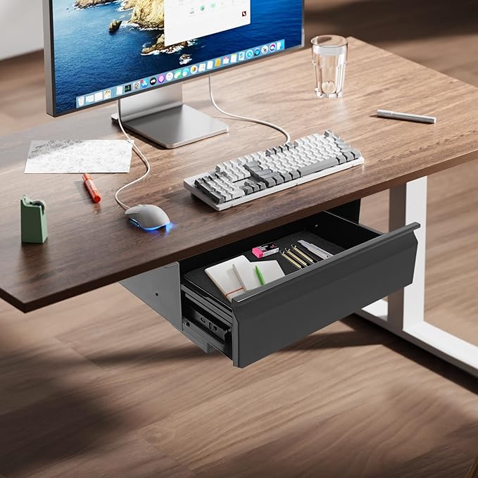LEYSRIS 17.5" Under Desk Storage Drawer with Built-In Power Strip, Black Sliding Pull-Out Drawer for Sit Stand Workstation