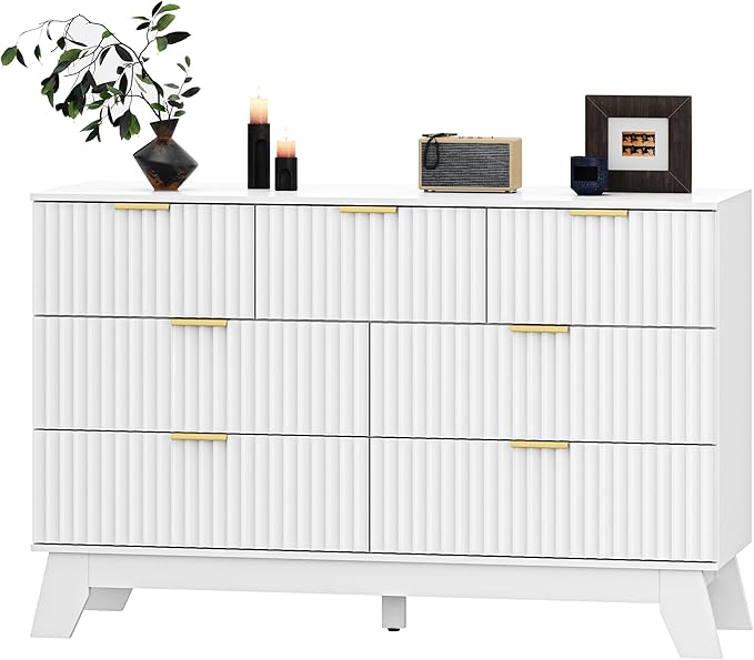 HUANLEGO Fluted Dresser for Bedroom with 7 Drawer, Mid Century Modern Chest of Drawers, 48" Wide Natural Wood Dresser for Closet, Wooden Boho Chest Closet Storage TV Stand for Bedroom, White
