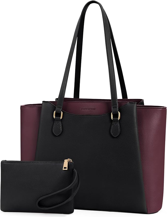 RAINSMORE Laptop Bag for Women 15.6 Inch Work Tote Bags Waterproof Computer Bags Leather Professional Laptop Purse Womens Laptop Briefcase Large Handbag for Office Teacher Travel, Black and Purple