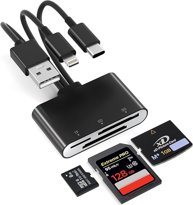 XD Card Reader, SD Card Reader for iPhone, 3 in 1 SD/TF/XD Memory Card Reader Adapter for Lightning/USB C/USB A Device, XD Picture Card Adapter iPhone 17/16/15/14, iPad, MacBook, Android, Camera & PC
