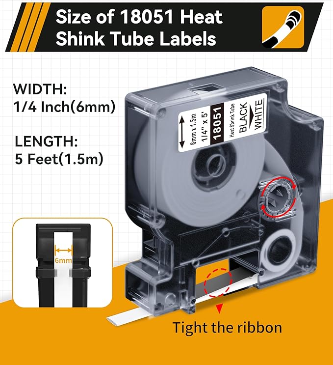 Rhino 4200 Heat Shrink Tube Tape 1/4" 6mm Replacement for Dymo Rhino 18051 Heat Shrink Labels Compatible with DYMO Industrial Label Maker 5200 5000 6000 | Black on White | 4-Pack