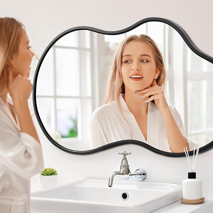 48”x 27” Irregular Wall Mirror, Black Vanity Asymmetrical Mirror, Aluminum Framed, Tempered Glass, Irregular Decorative Large Bathroom Mirrors for Wall (Horizontal/Vertical)