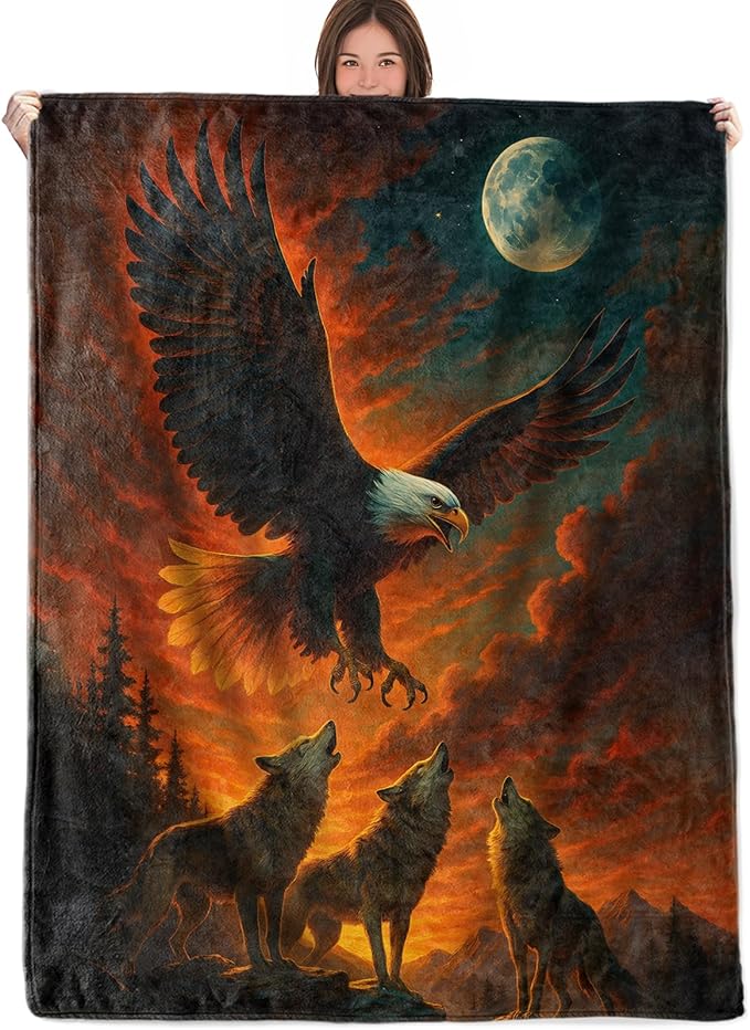 Wolf and Eagle Throw Blanket Gifts for Boys Girls Kids Adults, Bald Eagle Flannel Blankets for Travel Sofa Living Room Decor 50"X60"