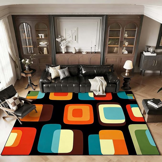 Mid Century Modern Rug, Colorful Abstract Geometric Area Rug, Retro Atomic Starburst Rugs, Washable Non-Slip Soft Low Pile 1950s Carpet for Living Room, Bedroom (6' x 8'(Rectangular))