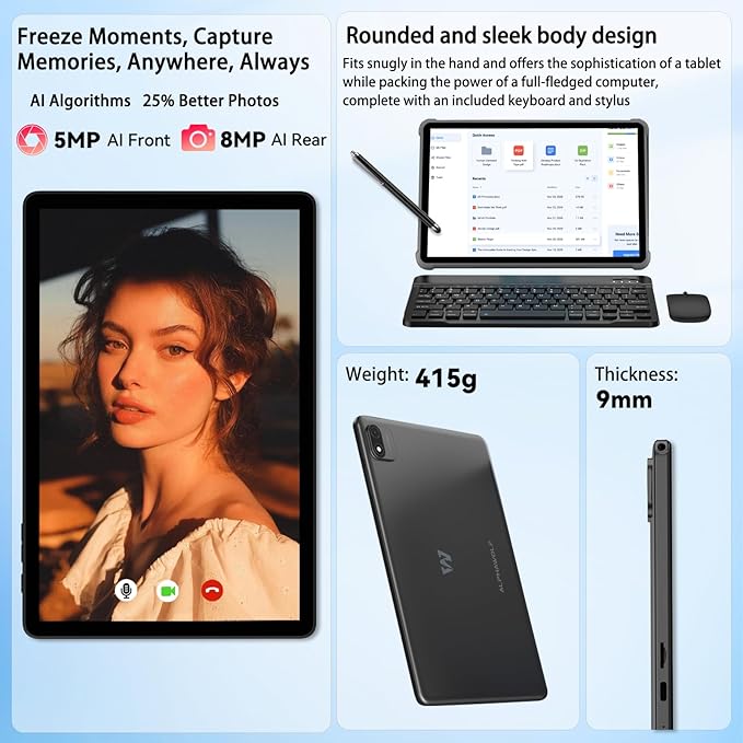Android 15 Tablet 10 inch, 2025 Tablet with Keyboard, 2-in-1 Tablets with T615 Octa-Core, 20GB+128GB+2TB Expand, Gemini AI, 8MP Camera, 6000mAh, Android tablet with Keyboard, Mouse, Case, Stylus