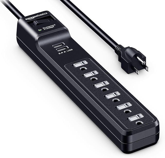 Amazon Basics Surge Protector Power Strip with 6 Outlets,2 USB Ports,1000 Joule,6-Foot Cord Length,Black,(Pack of 6)