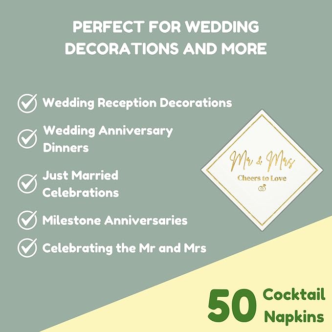 Mr and Mrs Wedding Napkins, Elegant Gold Foil White Paper Cocktail Napkin, Disposable Decorations for Weddings, Receptions, Bridal Showers, Bar, 50 Pack