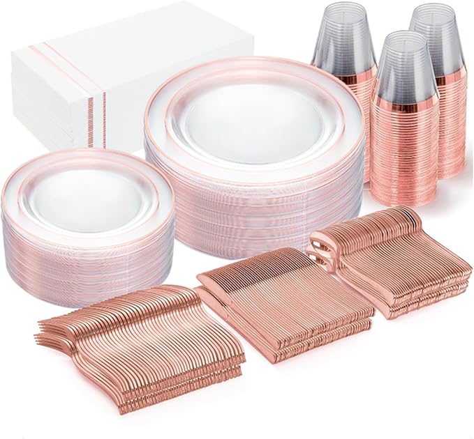 GATHER 350PCS Rose Gold Plastic Plates - Disposable Rose Gold Dinnerware Includes 100 Clear Rose Golds Rimmed Plastic Plates, 150 Silverware, 50 Napkins, 50 Cups for Party, Wedding