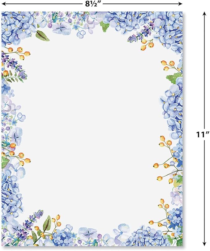 Current Hydrangeas Floral Letter Paper - Spring Stationery Papers With Decorative Hydrangeas Border, Printable Holiday, Wedding & Bridal Shower, & Invitation Sheets, Set of 25, 8 1/2" x 11"