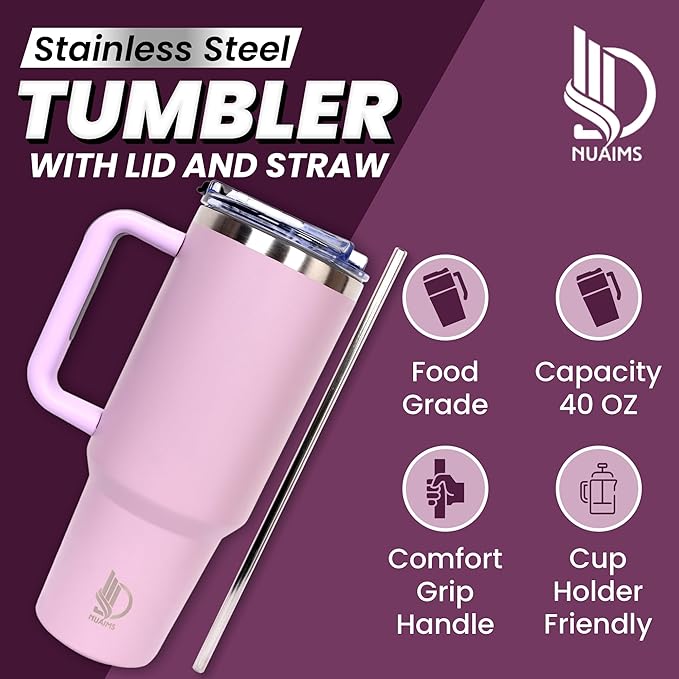 40oz Insulated Tumbler with Handle, Leakproof Straw Lid & Carry Handle - Double Wall Vacuum Insulation Keeps Ice 24 Hours, BPA Free Stainless Steel Water Bottle (Lavender Gray)