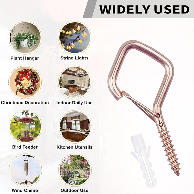 Sexoeie 35PCS Eye Screw Hooks for Hanging Heavy Duty with Safety Buckle.Metal Ceiling Hooks for Hanging Plants,Cup,Wind Chime,Bird Feeders,String Lights at Indoor&Outdoor,2.36 Inches Rose Gold