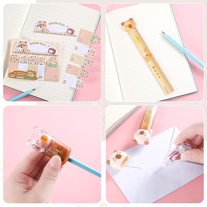 Kogcmeetl 7Pcs Cute Capybara Stationary Set Kawaii School Supplies Japanese Stationery, Includes Pencil Sharpener, Eraser, Correction Tape, Glue Tape, Sticky Notes, Ruler, for Office School Supplies