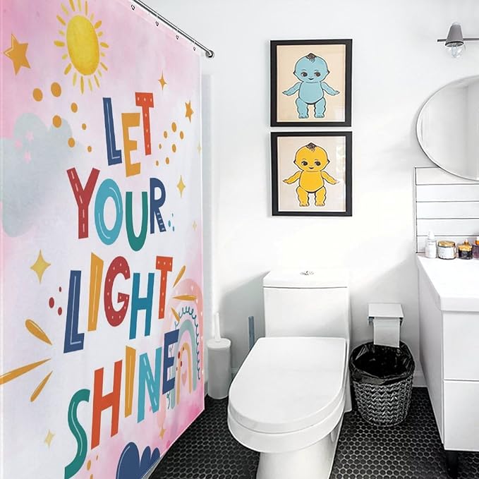 Pink Rainbow Shower Curtain for Bathroom, Boho Cute Inspirational Motivational Quotes Rainbow Colorful Baby Kids Girls Waterproof Fabric Shower Curtain Set with Hooks, 72"x78" Inch