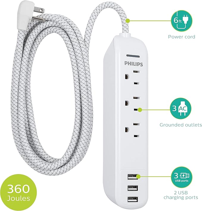 Philips Surge Protector Power Strip, 3 Outlet Surge Protector, 6Ft Cord Power Strip, Surge Protector with USB Ports, 3-Prong Flat Plug Power Strip, 360J Surge Protector Outlet, White, SPP3306WB/37