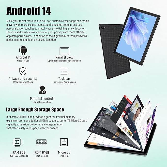 MUISOO Tablet 10 Inch, Android 14 Tablet PC, 8GB RAM+64GB ROM (1TB TF), Octa-Core 2.0 GHz, Bluetooth 5.0, WiFi 6, Widevine L1, 5MP+8MP, 5000mAh,Type-C (Black, 10)
