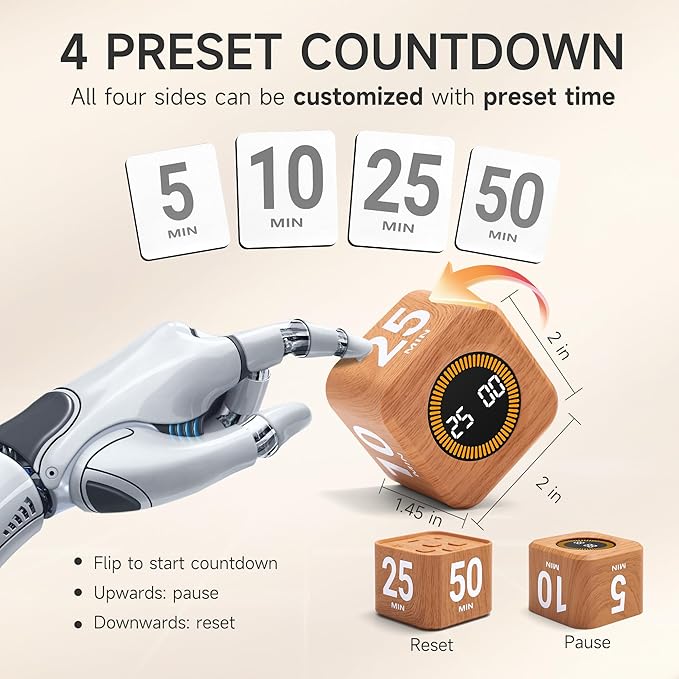 Exlliy Rotating Productivity Timer 5, 25, 10, 50 Minutes Preset, Desk Cube w/Gravity Sensor for ADHD, Mute Functions, Ideal for Work, Study, Kitchen, Back to School (1, Wood Grain Finish)