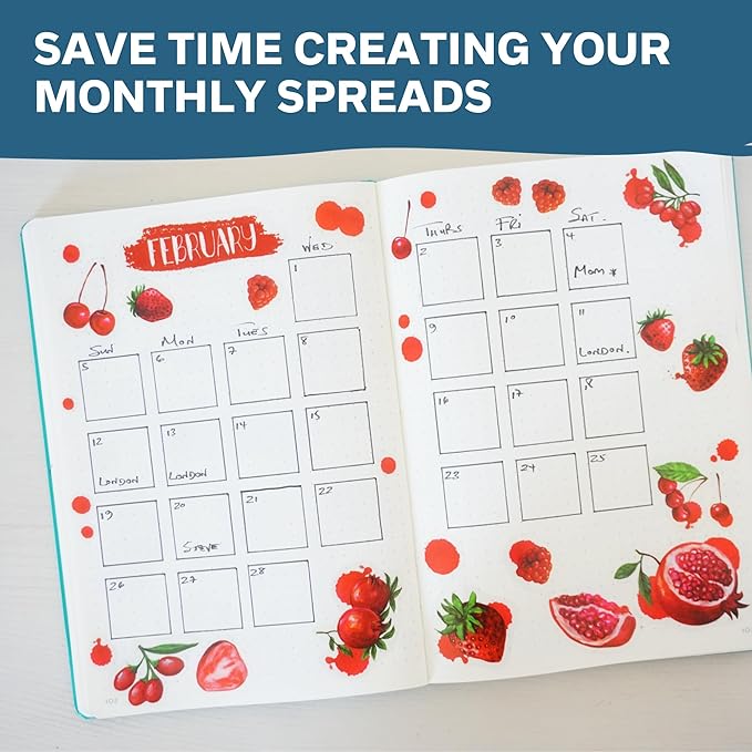 Monthly Calendar Planner Stickers - 12 Transparent Sticker Sheets with Beautiful Fruit Illustrations, Undated Calendar Stickers, Supplies for Planners or Bullet Journals