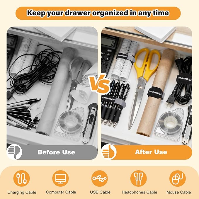 70 Pack Black Cable Ties 8 Inch with Writable Labels, Reusable Cord Organizer Straps, Hook & Loop Wire Management for Extension Cords, Garage Tools, Power Strips & Heavy Duty