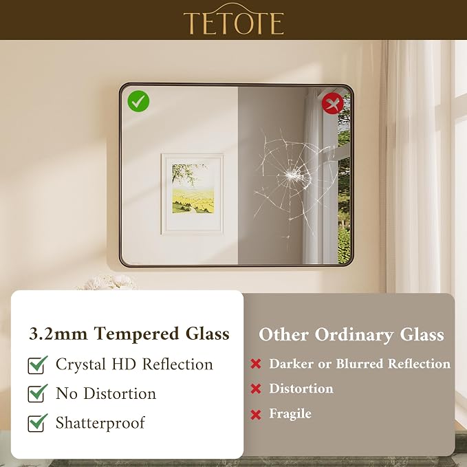 TETOTE Black Framed Bathroom Mirror, 24 x 32 Inch Matte Metal Frame Vanity Mirror, Farmhouse Wall Mounted Rectangle Mirror (Horizontal/Vertical)