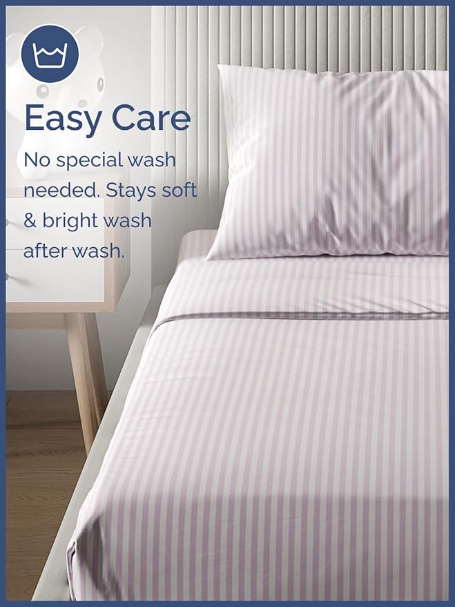 Kids Pink Pinstripes Full 4 Piece Sheet Set - Boys, Girls, Teens, Toddler - Easy Fit Deep Pockets - Breathable, Hotel Quality Sheets - Machine Washable - Wrinkle Free - Cute, Cozy, Soft - CGK Linens