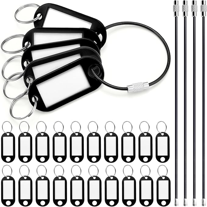 40 Pack Key Tags, Plastic Key Tags with Labels and Split Ring, 4 Keychain Cable and Key Labels for USB Drive, Bags and Luggage Organization - Black