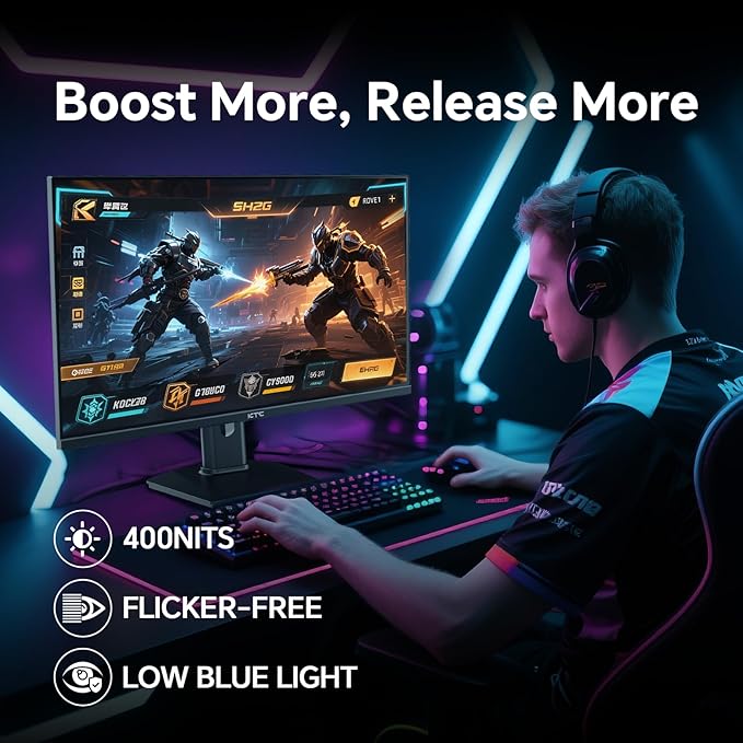 KTC 24 inch Gaming Monitor QHD 180Hz, Fast IPS 1440p Computer Monitor, Up to 185Hz, 1ms, G-Sync/FreeSync, HDR400, Height Adjustable, 2 x HDMI, 1 x DP H24T7