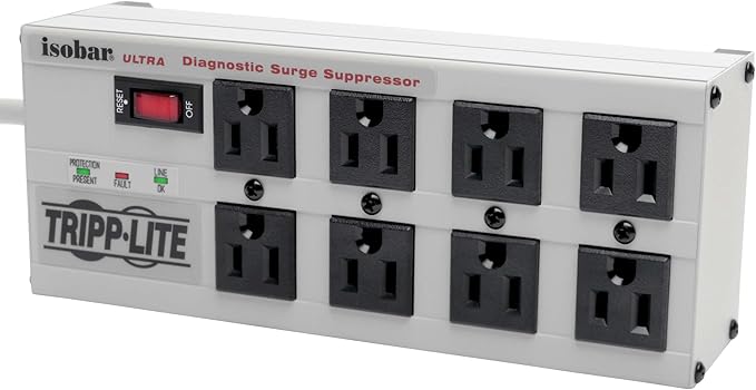 Tripp Lite Isobar 8 Outlet Surge Protector Power Strip, 25ft Long Cord, Right-Angle Plug, Metal, & $50,000 Insurance (ISOBAR825ULTRA) Gray