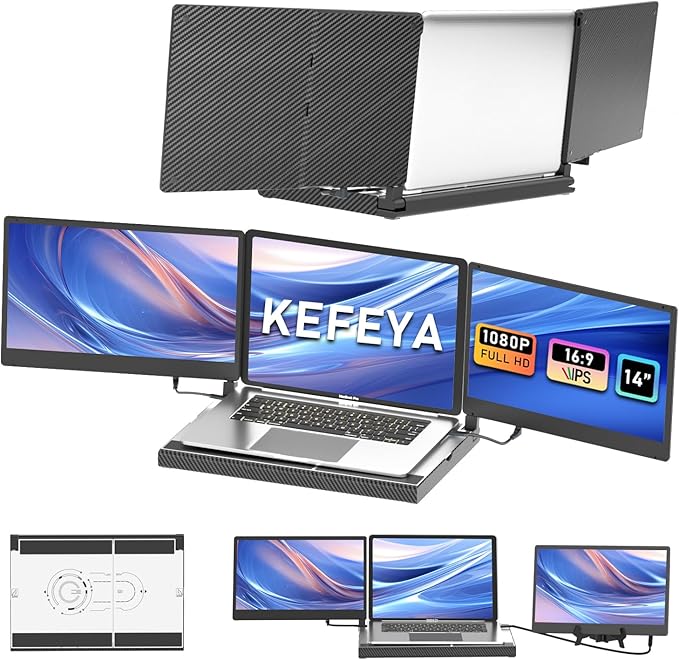KEFEYA 14'' Triple Laptop Monitor Extender with Metal Base, 360° Rotation 1080P Portable Laptop Screen Extender for 12-17.3'' Laptops-Compatibility for Windows, Surface, MacBook, Switch, Plug & Play