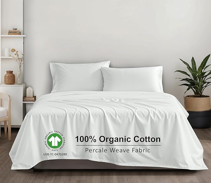 RUVANTI 100% Organic Cotton Sheets Queen Size, Percale Weave, GOTS Certified, 4-Piece Set, Deep Pocket 15", Crisp & Breathable, Soft Durable Bedding, Sábanas Algodón Orgánico – Bit of Blue