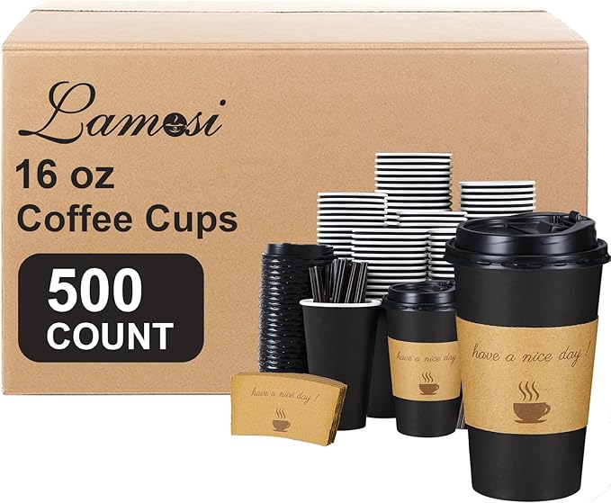 Lamosi 16 OZ Coffee Cups 500 Pack with Lids, Stir Sticks and Sleeves, Disposable Hot Paper Cup for Home, Travel, Office