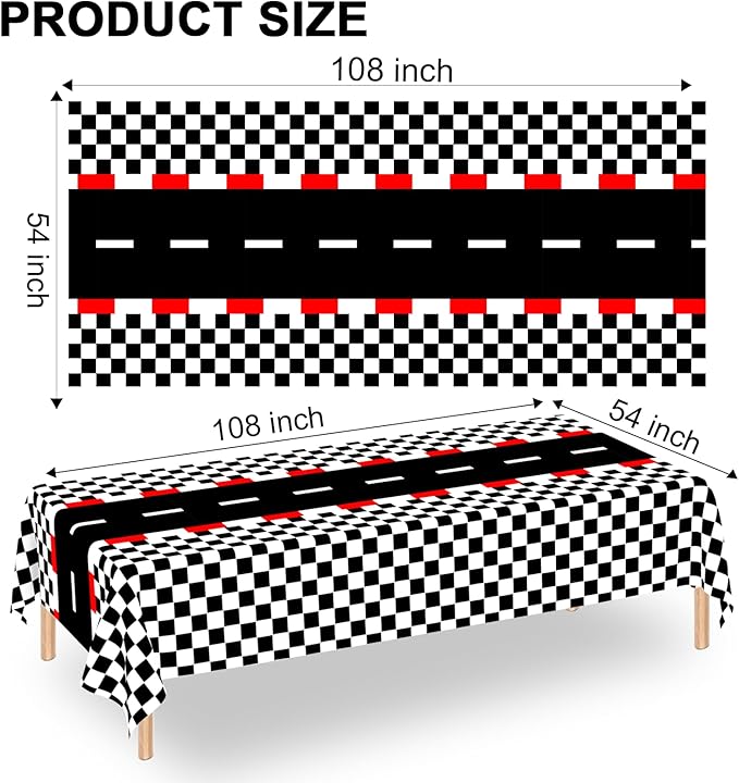 WNINK 4 PCS Racing Car Theme Tablecloths Car Disposable Plastic Tablecloths Black Checkered Flag Table Covers Racetrack Rectangular Tablecloth for Race Car Birthday Party Decorations, 54 x 108 Inch