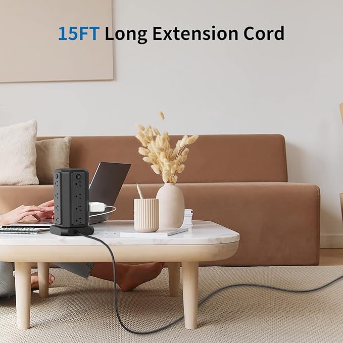Surge Protector Power Strip Tower with USB Ports, 15 FT Extension Cord Tower with 16 Widely Spaced Outlets 4 USB Ports, 1080 Joules, Overload Protection, Flat Plug Power Strip for Home, Office, Black