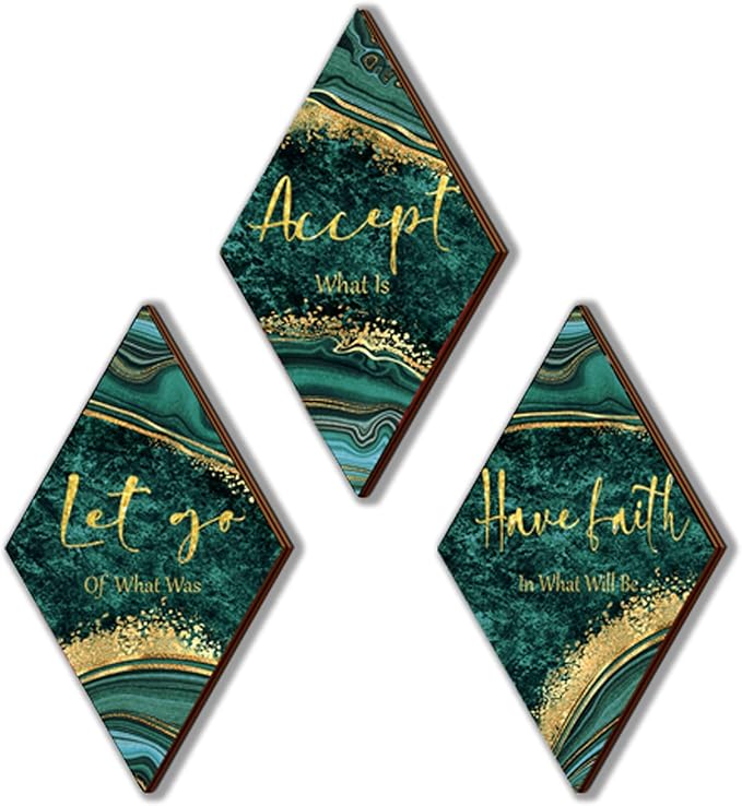 3Pcs Green Gold Bathroom Decor Green Gold Wall Decor with Accept Let Go Have Faith Quote Rustic Vintage Farmhouse Wooden Hanging Signs for Home Laundry Living Bedroom(12x7 inch)