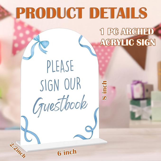 Please Sign Our Guestbook Sign - Blue Bow Baby Shower Sign, 1 Pack Arch Acrylic Sign with Stand, Gender Reveal Party Table Decor, Blue Baby Shower Supplies (SP12)
