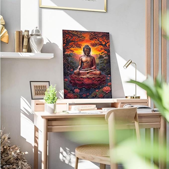 Golden Buddha on lotus seat serene meditation statue amidst lush trees flowing water and sunrise light spiritual home art for a tranquil decor 24x36in Frameless