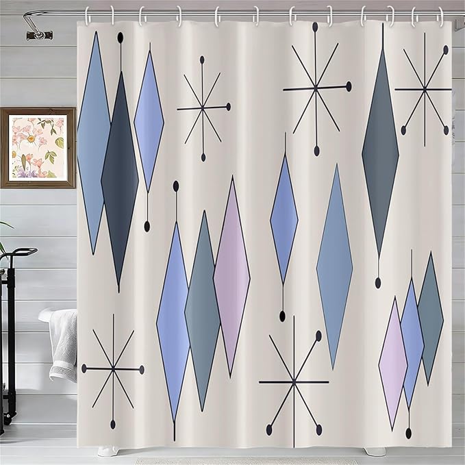 Mid Century Turquoise Shower Curtain Abstract Grey Blue Diamond Geometric Atomic Starburst Pattern Beige Backdrop for 1950s Retro Bathroom Decor Shower Curtain Set with 12 Hooks, 72x84 Inches