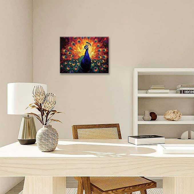 Peacock Wall Art, Elegance Peacock Pictures Wall Decor, Colorful Animal Canvas Prints Painting, Framed Artwork For Bathroom Living Room Office Bedroom Dining Room 20"X16"