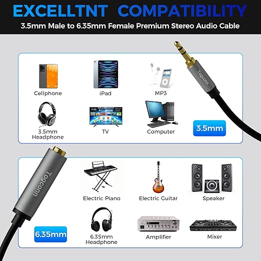 3.5mm to 6.35mm Stereo Audio Cable Adapter 0.6 Feet, 3.5mm 1/8 Inch TRS Male to 6.35mm 1/4 Inch Female Stereo Audio Converter Connector for Phone, Laptop, Headphone, Amplifier, Guitar, Speaker